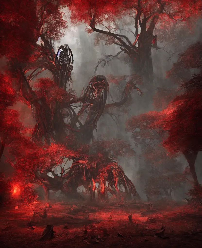 Image similar to sacred giant tree with a skeleton sleeping in the trunk, red forest, epic painting, dark concept art, octane render, extremely detailed