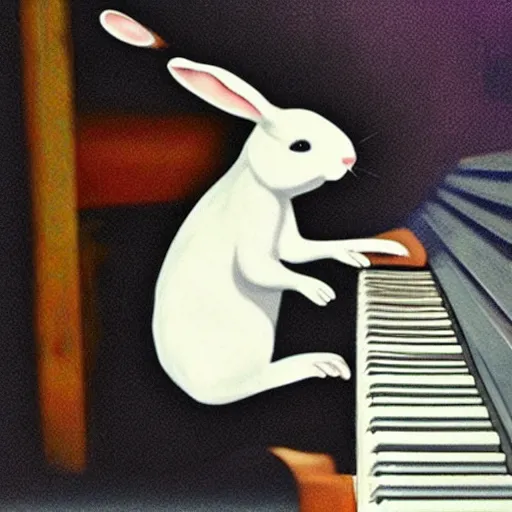 Image similar to a blind rabbit play the piano in the style of ray charles