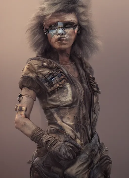 Image similar to full body concept art illustration pastel painting of a female mad max in intricate clothing, beautiful face, ultra detailed, octane render, 8K, dystopian, micro details