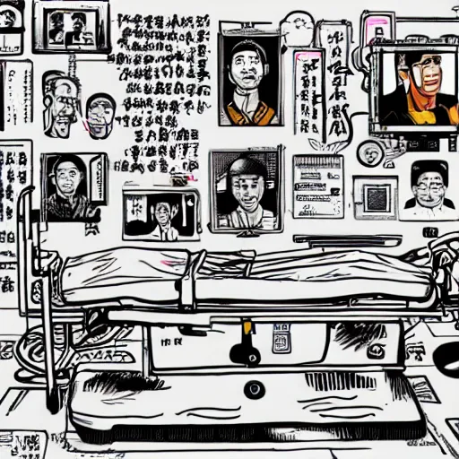 Image similar to chinese surgery operating table, in the style of daniel johnston and outsider art, 8k, line brush, overlaid with traditional chinese adverts