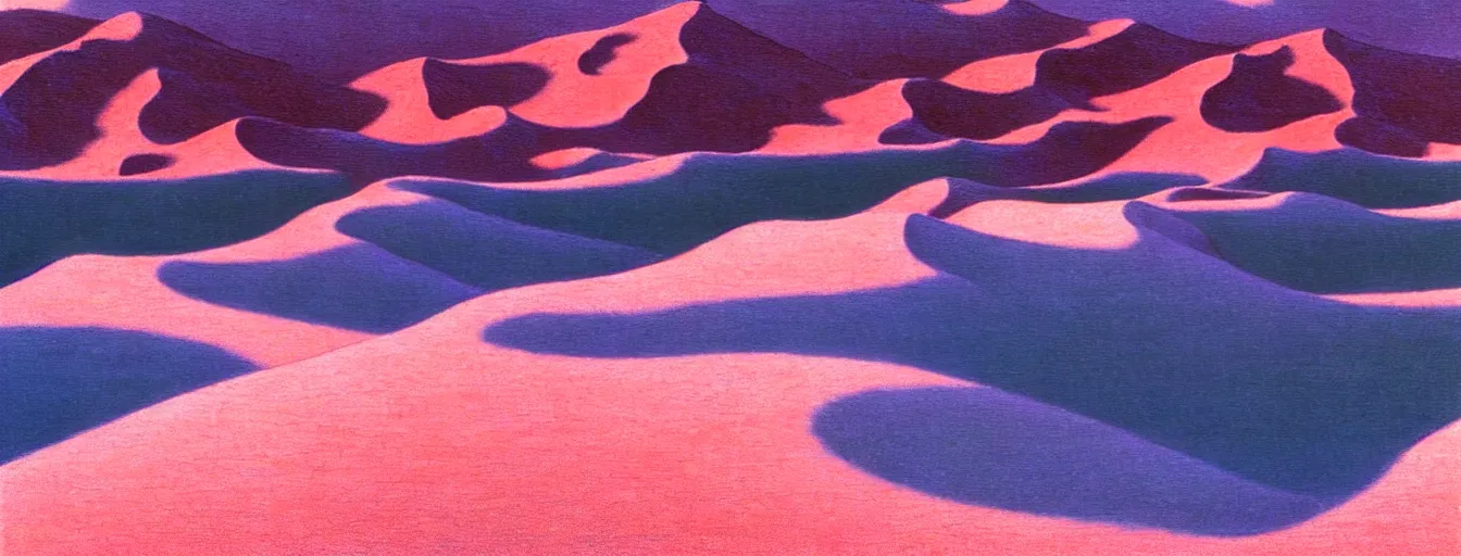 Image similar to a gorgeous desert painting of death valley, separated by streams of shimmering blue sand by barlowe wayne maxfield parrish and marco mazzoni. tree no leaf!!!! china mountain village!! blue and very little light verdancy. the protruding pink clumps of rock. ultra clear detailed. 3 d, octane render. turbulent blood lake.