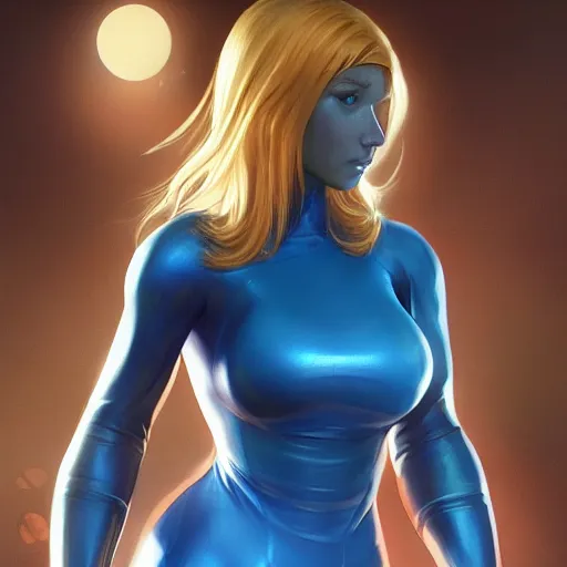 Prompt: Samus Aran in her blue skintight suit highly detailed, digital painting, artstation, concept art, sharp focus, illustration, cinematic lighting, art by artgerm and greg rutkowski and alphonse mucha