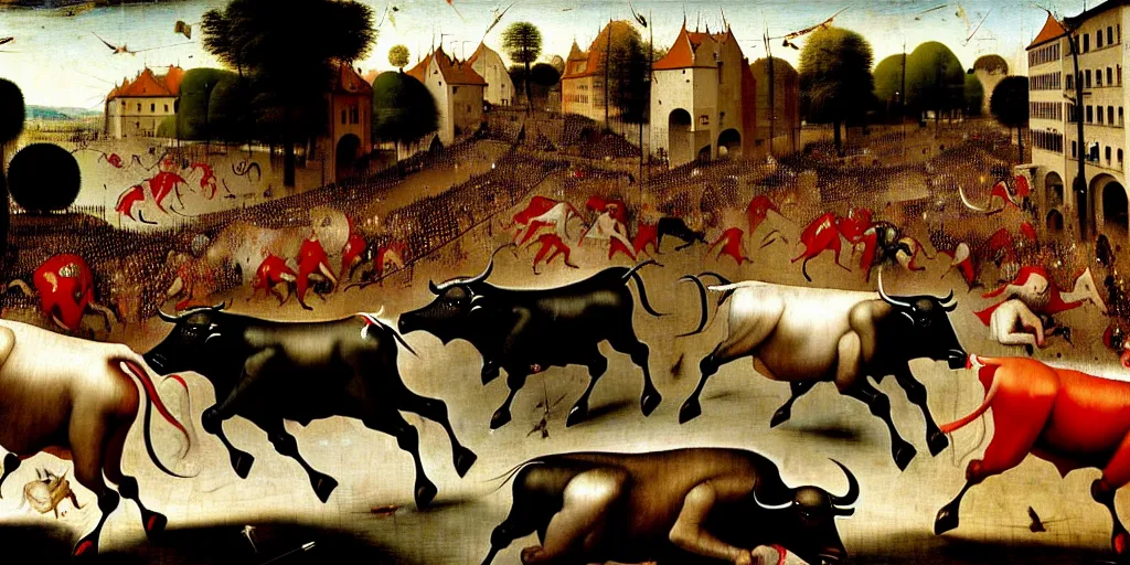 Image similar to the running of the bulls in pamplona, hundreds of people are fleeing from rampaging bulls in the city streets, art by hieronymus bosch, intricate, elegant, highly detailed, smooth, sharp focus, artstation