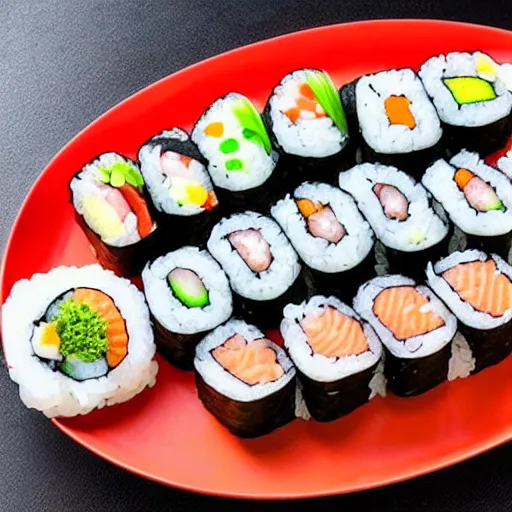 Image similar to a pile of sushi in the shape of a cat.