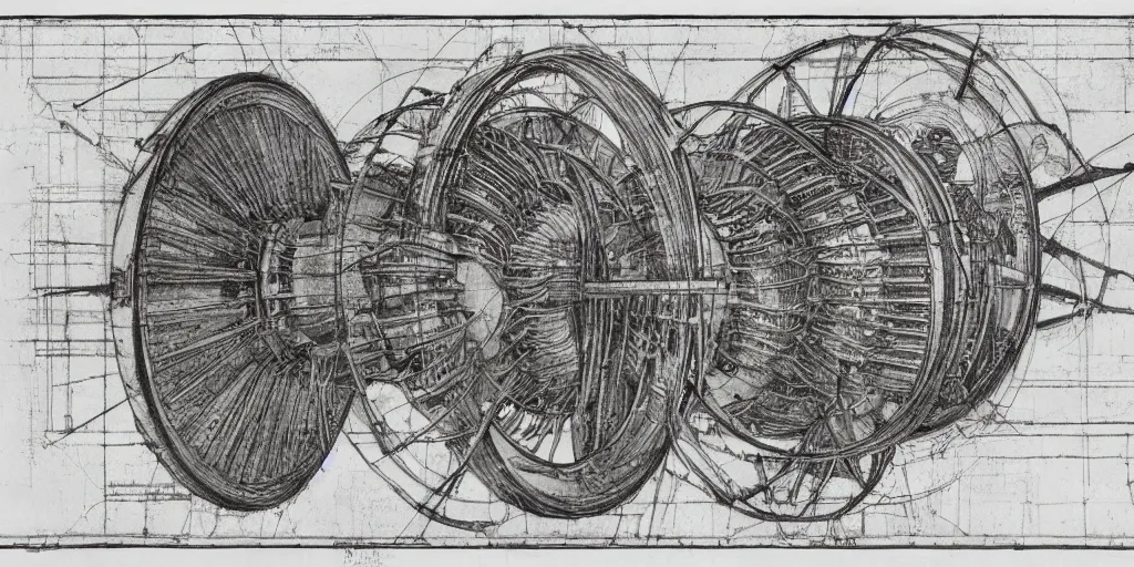 Image similar to leonardo da vinci color intricate full page scan blueprint of an environmental turbine machine, on paper, black ball pen style, :: ultra-detailed technical precision :: mixed media with white and silver lines, realistic composition, point of interest at golden ratio, light from right, more darkness on the bottom, monumentally art composition, high quality of sketching with subtle hairlines, highly detailed rounded forms, inside out and outside in, octane render