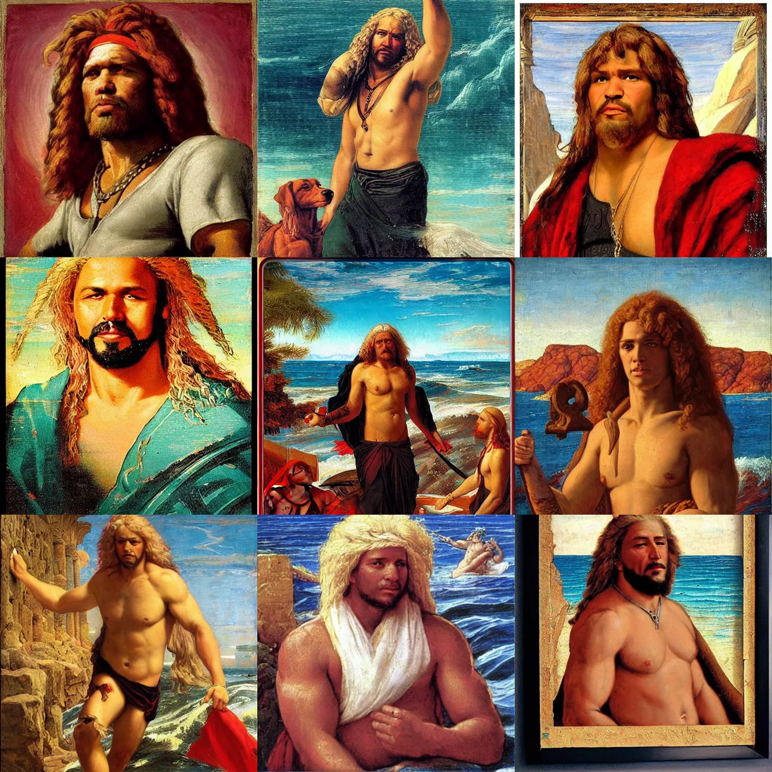 Prompt: “dog the bounty hunter moses parts the red sea, william godward painting vintage poster, high quality impasto”