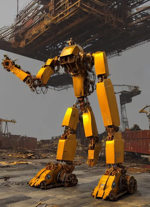 Prompt: a rusty old yellow colored big humanoid mech robot is helping out workers at chittagong ship breaking yard, matte painting, 8 k, artstation, octane, low camera angle, cinematic composition