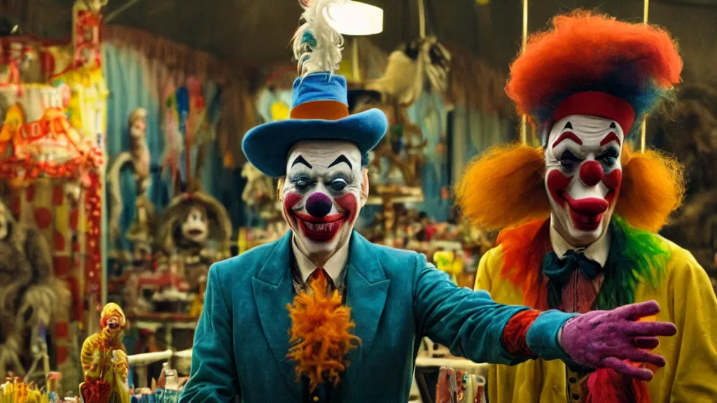 Image similar to the clown creature helps at the fair, film still from the movie directed by denis villeneuve and david cronenberg with art direction by salvador dali and dr. seuss