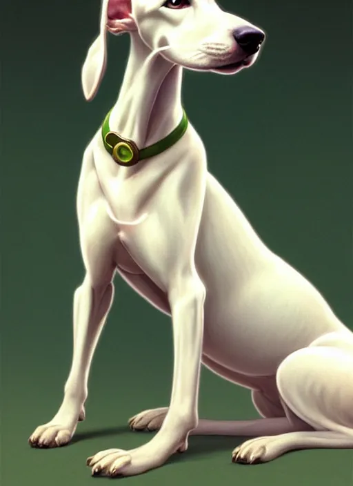 Image similar to cute white brown greyhound, green toy bone on floor, natural lighting, path traced, highly detailed, high quality, digital painting, by don bluth and ross tran and studio ghibli and alphonse mucha, artgerm