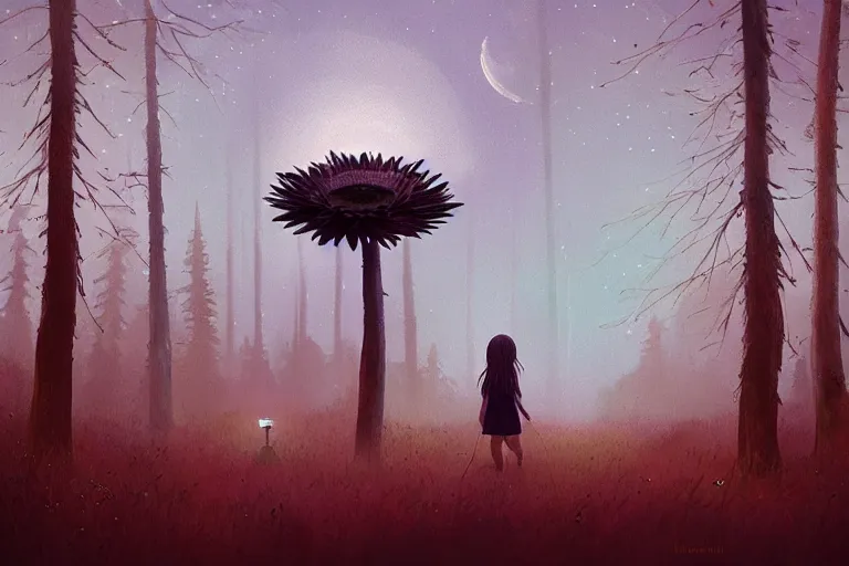 Image similar to giant daisy flower as face, girl walking in forest, surreal photography, dark night, stars, moon light, impressionist painting, clouds, digital painting, artstation, simon stalenhag