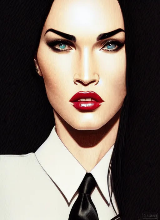 Image similar to portrait of megan fox as business woman, black suit, white shirt, necktie, city, intricate, headshot, highly detailed, digital painting, artstation, concept art, sharp focus, cinematic lighting, illustration, art by artgerm and greg rutkowski, alphonse mucha, cgsociety