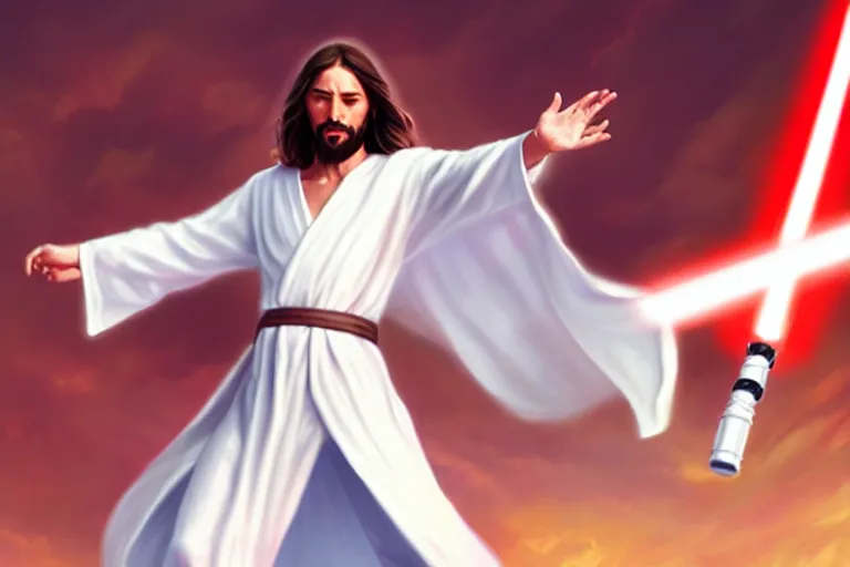 Image similar to jesus christ in a white robe striking sn action pose, jesus has a lightsaber ; art by artgerm ; digital art ; character art ;