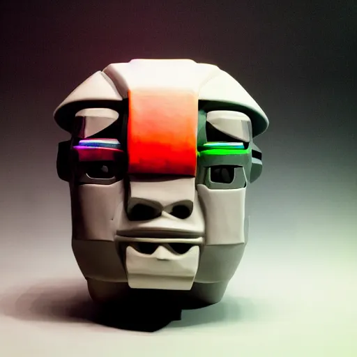 Prompt: claymodel of a cyberpunk aztec futurism robot head, 8 k, symetrical, flourescent colors, halluzinogenic, multicolored, black background