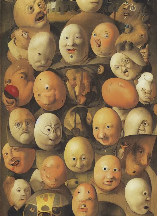 Prompt: a dozen eggs of silly round humpty dumpty with jack black facial expression, realistic, by hieronymus bosch and pieter brueghel