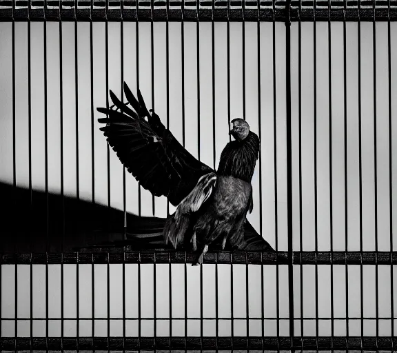 Prompt: Joachim Brohm photo of 'griffon vulture perched behind jail bars', high contrast, high exposure photo, monochrome, DLSR, grainy, close up