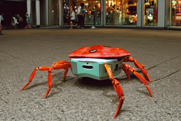 Prompt: a cute crab robot, in 2 0 0 2, at a mall, street style, crabcore, low - light photograph, photography by tyler mitchell