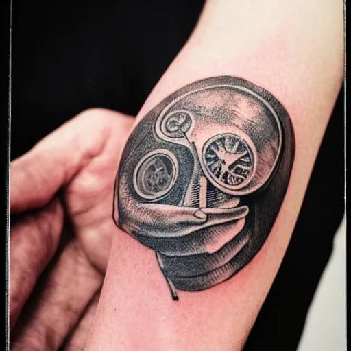 Image similar to photograph of a tatoo showing an etching of a plague doctor side shot looking at a very old pocket watch in the palm of his hand