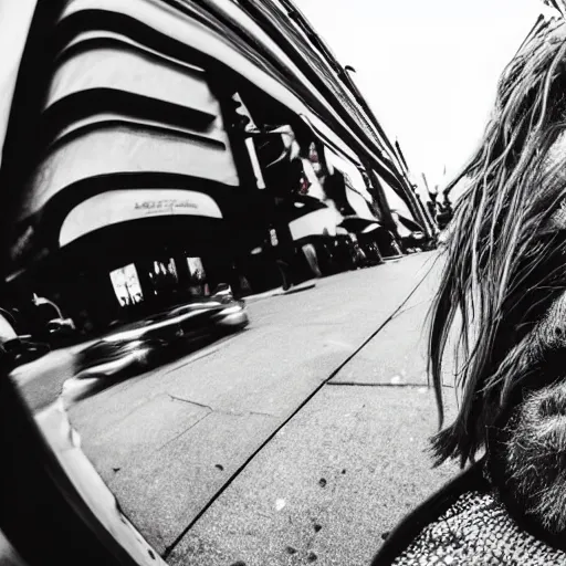 Image similar to widest fish eye lens extremely close to homeless man's face action at night