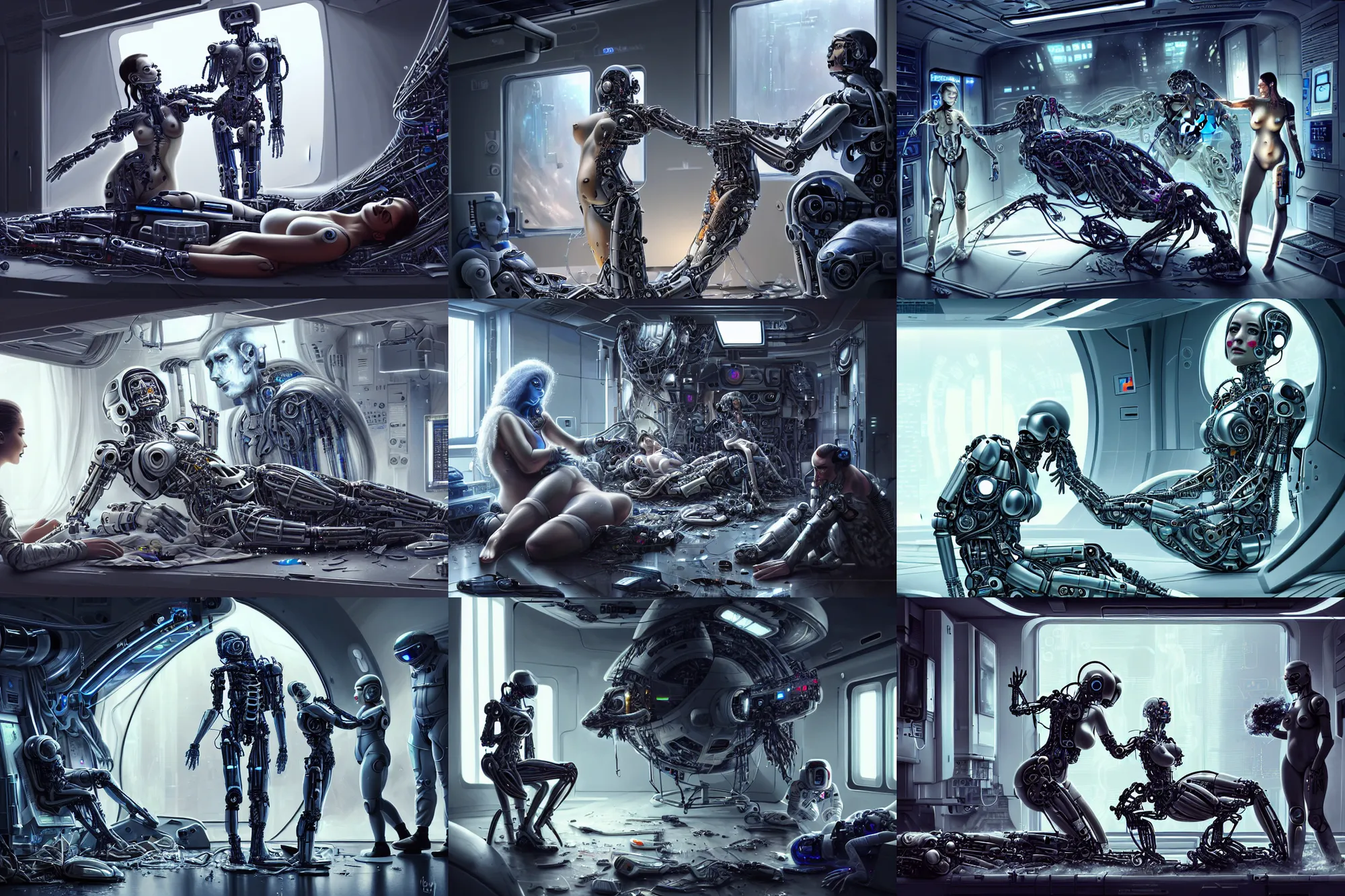 Prompt: Ultra realistic illustration, beautiful alluring damaged cyborg being put back together while giving birth to a new cybernetic lifeform, in an super advanced military medical bay, in a crashed spaceship, while a beautiful alluring astronaut soldier looks on, cyberpunk, sci-fi, fantasy, intricate, elegant, highly detailed, digital painting, artstation, concept art, smooth, sharp focus, illustration, art by artgerm and Waerloga Zhuo and Yintion J - Jiang Geping and Greg Rutkowski and KyuYong Eom and alphonse mucha