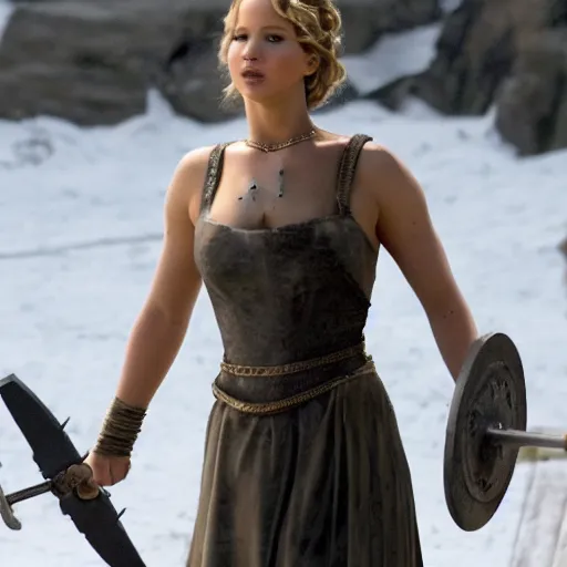 Prompt: first photos of 2 0 2 4 female 3 0 0 remake - jennifer lawrence as leonidas, put on 5 0 pounds of muscle, ripped, ( eos 5 ds r, iso 1 0 0, f / 8, 1 / 1 2 5, 8 4 mm, postprocessed, crisp face, facial features )