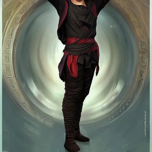 Prompt: character concept, wide angle, full body, symmetrical head - on centralized, young arabic man with dark ninja clothes. detailed, high quality, dynamic lightning, fantasy, scenematic. artwork by artgerm, wlop, alex ross, greg rutknowski, alphonse mucha