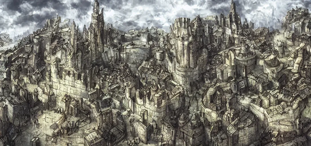 Image similar to huge medieval city, interesting rocky shaped terrain, digital art, full metal alchemist, art by craign mullin