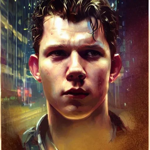 Prompt: tom holland, hyperrealistic portrait, bladerunner street, art of elysium by jeremy mann and alphonse mucha, fantasy art, photo realistic, dynamic lighting, artstation, poster, volumetric lighting, very detailed face, 4 k, award winning