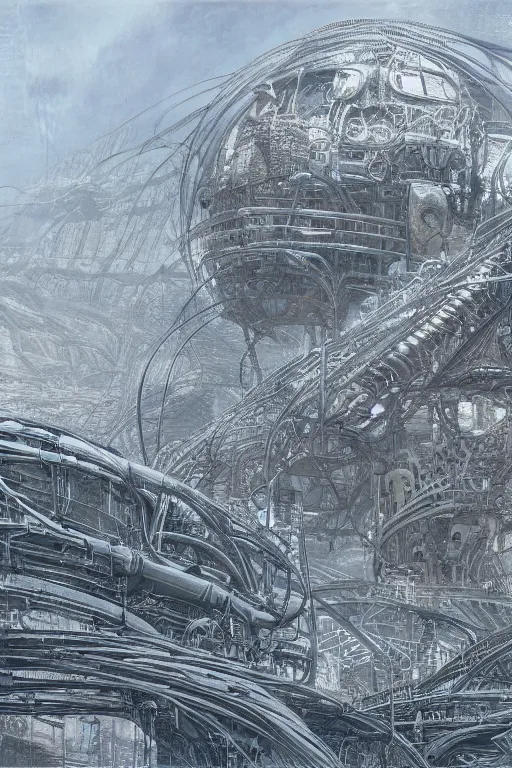 Prompt: industrial city in the desert dune concept art by yoshitaka amano and H.R. Giger, intricate detail, 8k, featured art