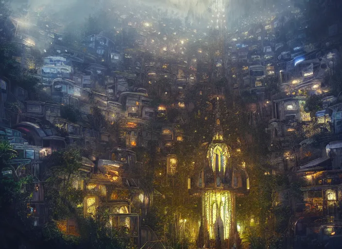 Image similar to favela spaceship cathedral, forest environment, sorcery, scenery, professional, award - winning, trending on artstation, hyper detailed, realistic, beautiful, emotional, shiny, somber, picture