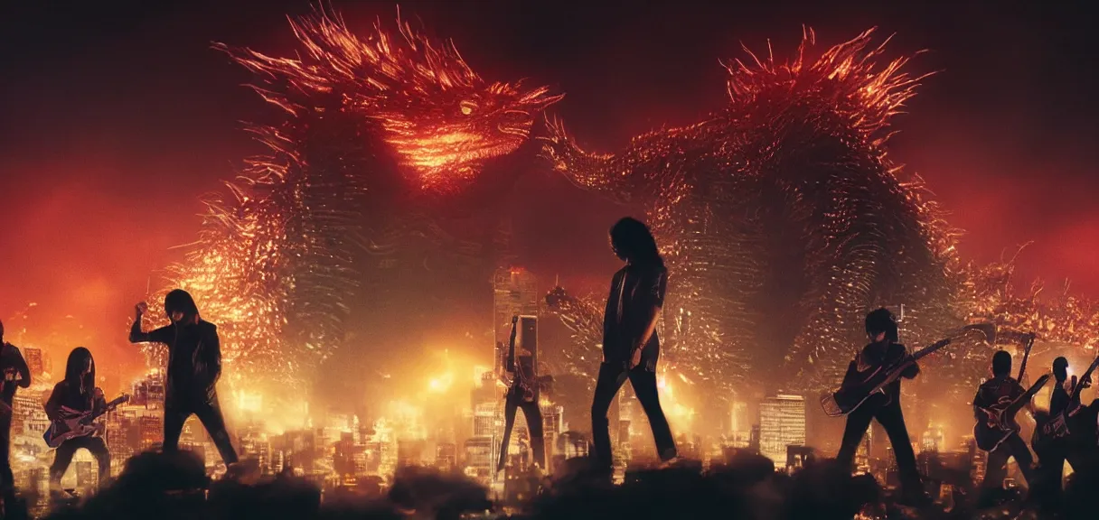 Image similar to The wide shot of disco rock Asian band with long dark hair playing on guitars while Godzilla destructs the night city, Godzilla on the horizon line, by Lubezki and David Lynch, anamorphic 35 mm lens, cinematic, anamorphic lens flares 4k