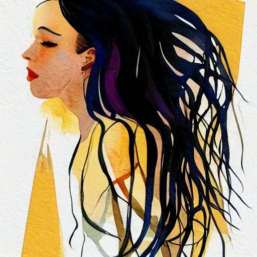 Image similar to a room full of beautiful house plants and a pretty caucasian woman with pale skin, long black hair with bangs, wearing shorts and t shirt, walking happily, abstract, golden light, beautiful watercolor art trending on artstation