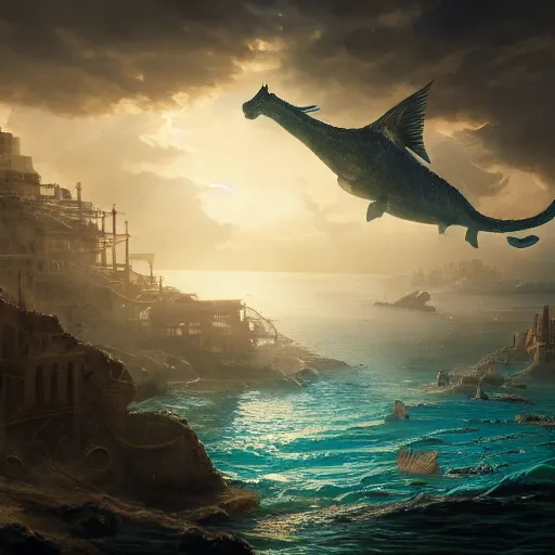 Image similar to a giant seahorse swimming above the city of atlantis by Cedric Peyravernay, highly detailed, full view of seahorse, excellent composition, cinematic concept art, rich dramatic lighting, trending on ArtStation