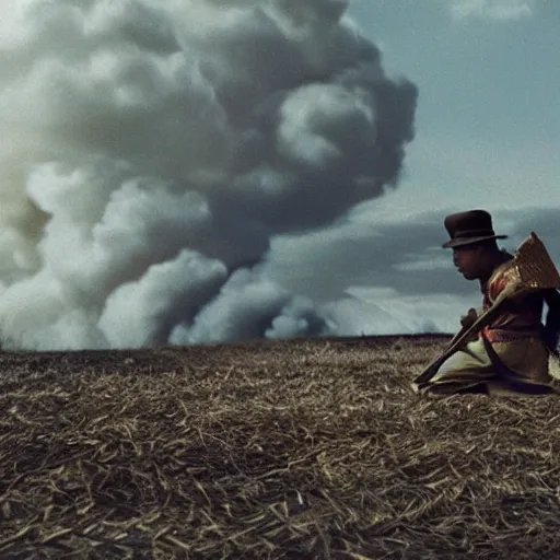 Image similar to cinematic film still Pharrell Williams starring as a Samurai holding fire, Japanese CGI, VFX, 2003, 40mm lens, shallow depth of field,film photography