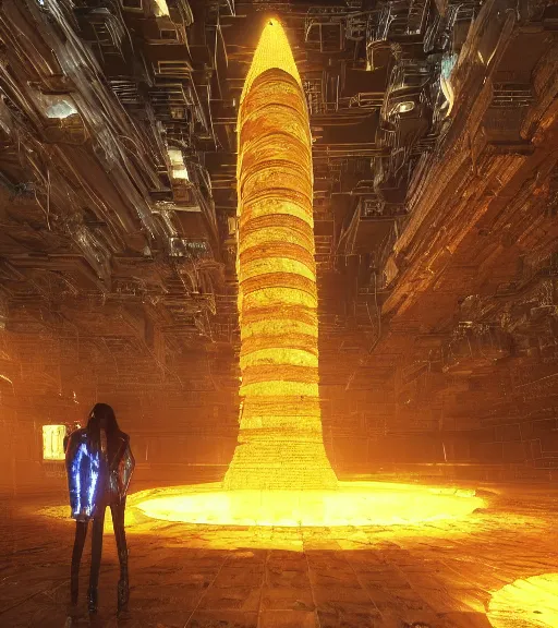 Prompt: selfie of tarkovsky greatest scene, hologram of the ancient destroyed majestic tower of babylon, a woman in futuristic cyber clothing, transparent puffer jacket, hyperealistic, blockchain, cyber world, ambient lighting, concept art, intricate, hyperdetailed, smooth, dynamic volumetric lighting, ocatane render, ray trace, cinematic, high quality, cgsociety