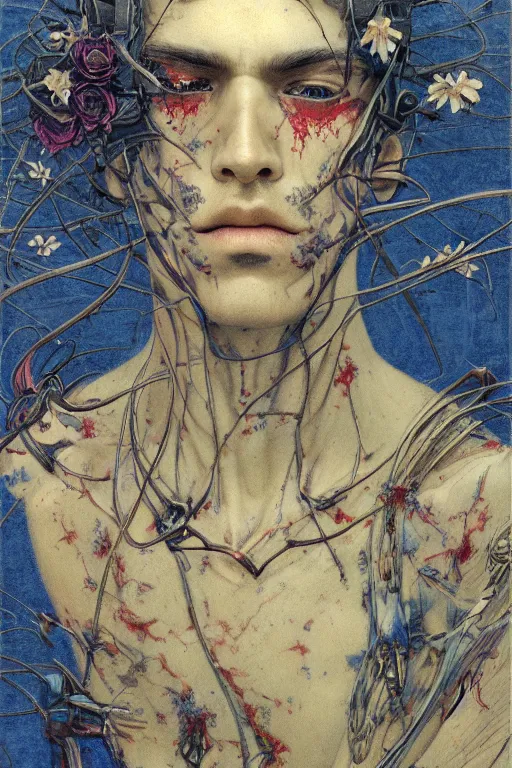 Image similar to portrait of beautiful young man, warhammer, japanic style, cyberpunk, a lot of scars, more and more flowers, blue head, the middle ages, highly detailed, artstation, illustration, art by jean delville, 8 k quality