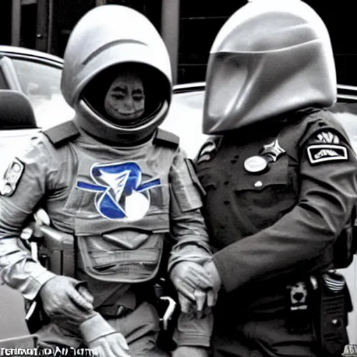 Image similar to extraterrestrial zeta reticulan grey alien, being arrested by spetsnaz