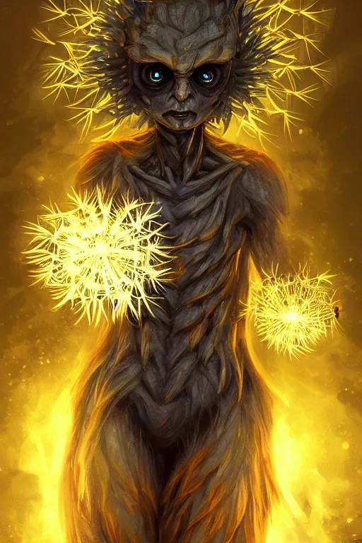 Image similar to a glowing humanoid figure dandelion monster with large glowing eyes, highly detailed, digital art, sharp focus, trending on art station, artichoke, anime art style