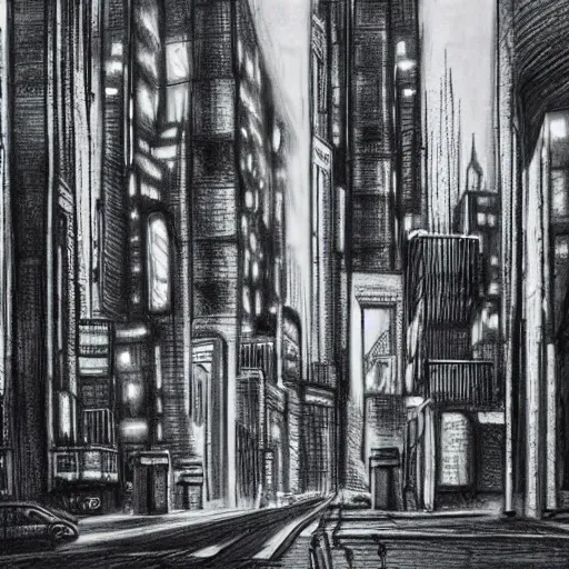 Image similar to charcoal drawing of a cyberpunk city