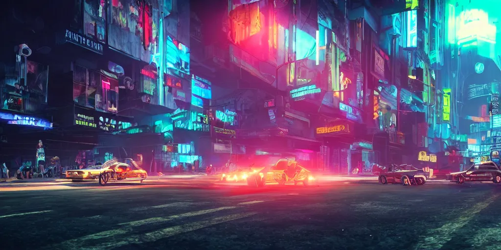 Image similar to a 3 d rendered in unreal engine guatemalan cyberpunk city with neon ads and signs with evocative dramatic mood with blade runner vibe with cars with motion blur with depth of field with bloom with lightshaft with volumetric lights, fog, by scott robertson, oscar winning graphics, photo realistic, bloom, imax, dynamic lighting, artstation,