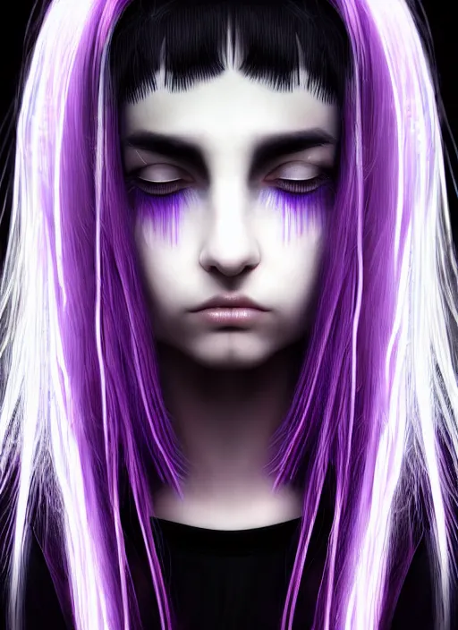 Image similar to hair whitebangs hair, black cyberlox, portrait of teenage girl with white bangs, whitebangsblackhair, messy bangs, cyberlox, whitebangs, red irises, purple clothes, intricate, elegant, glowing lights, highly detailed, digital painting, artstation, concept art, sharp focus, illustration, art by wlop, mars ravelo and greg rutkowski