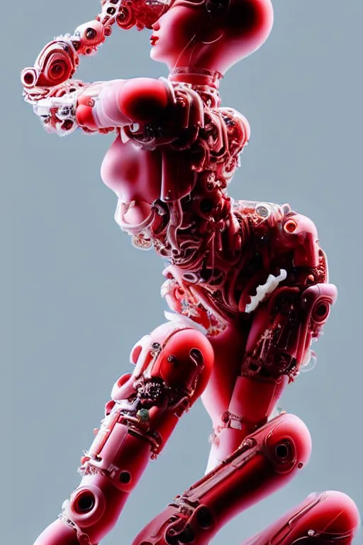 Image similar to a statue made of red marble, of an beautiful chinese girl, full body shot, perfect body, white biomechanical, inflateble shapes, wearing epic bionic cyborg implants, masterpiece, intricate, biopunk futuristic wardrobe, vogue, highly detailed, artstation, concept art, background galaxy, cyberpunk, octane render