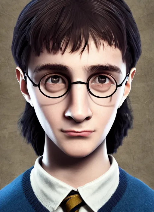 Image similar to young harry potter in ravenclaw studio portrait, aperture f 3. 2, au naturel, hyper detailed, digital art, trending on artstation, cinematic lighting, studio quality, smooth render, unreal engine 5 rendered, octane rendered, art style by klimt and nixeu and ian sprigger and wlop and krenz cushart