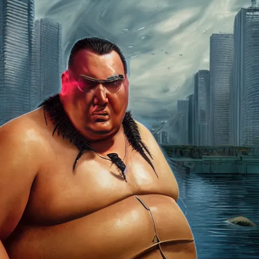 Image similar to hyper realistic, extremely obese steven seagal as scorpion from mortal komabt, unreal engine, greg rutkowski, beeple global illumination, translucent, sub - surface scattering,