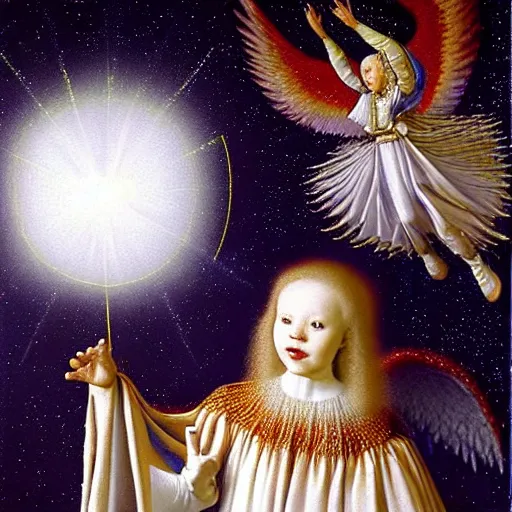 Image similar to highdetailed hyperrealistic painting of white angel!!! no gender!!!, giant ball of miracle light from the chest!!!!!, white sparkles everywhere, lot of fire and stars overhead!!!, by jan van eyck, holography space, glow effect, large strokes, soft and clean, white monochrome color