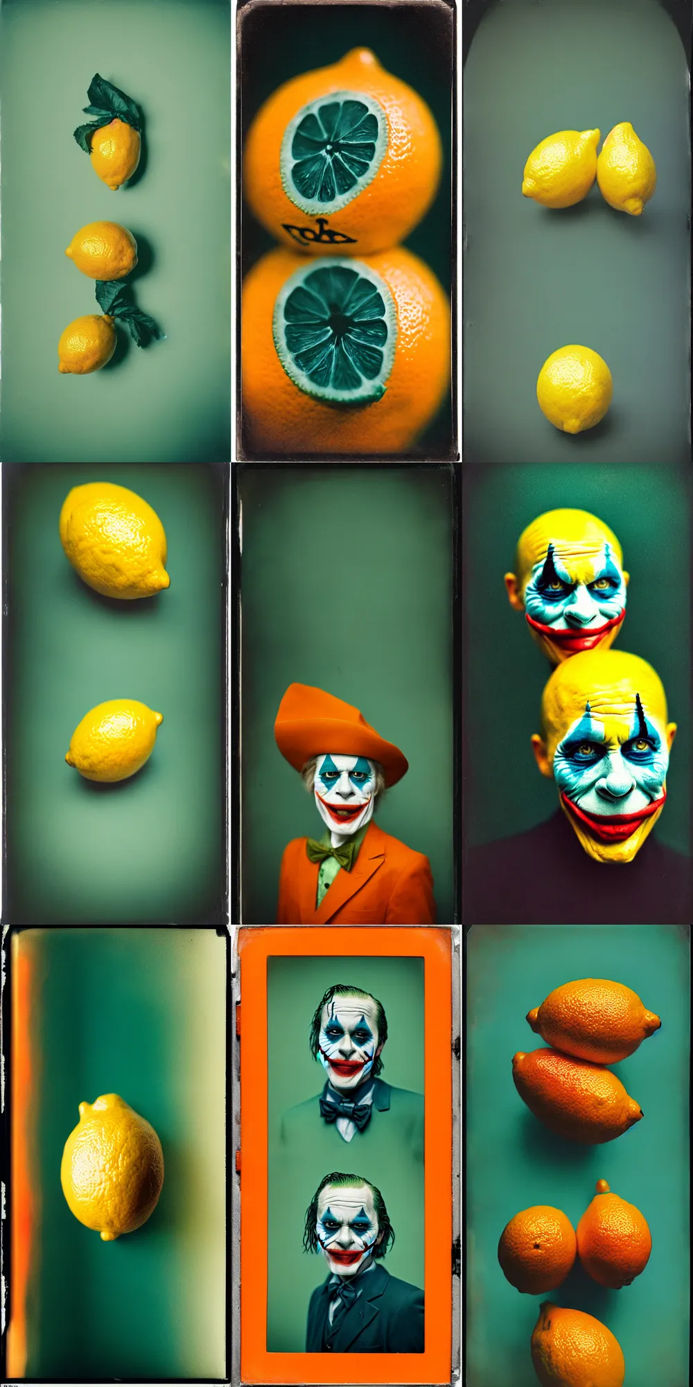 Image similar to kodak portra 4 0 0, wetplate, 8 k, shot of a highly detailed, britt marling style, colour still - life portrait of a lemon looks like 1 9 9 9 joker, teal and orange, muted coloures