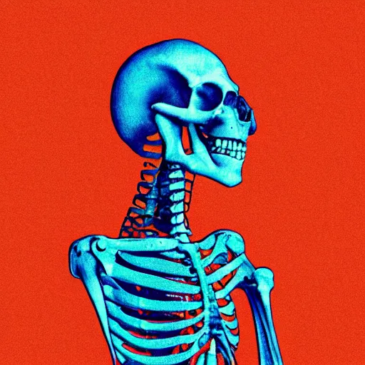 Prompt: colorful risograph of skeleton on orange background