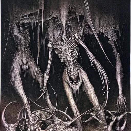 Image similar to merge skeletons in the hundeds reaching out the borken portal to hell, artwork by beksinski gammell mcfarlane giger realsistic horror, wispy prismatic ink horrors