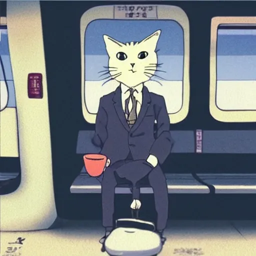 Prompt: “ unhappy cat wearing a suit holding coffee riding the subway, studio ghibli, spirited away, anime, by hayao miyazaki ”