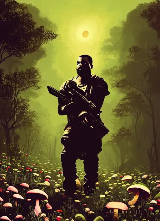 Prompt: portrait of kanye west stars in the sky fairies with detailed faces enchanted forest mushrooms on the ground psychedelic wide angle shot white background vector art illustration gears of war illustration gta 5 artwork of kanye west, in the style of gta 5 loading screen, by stephen bliss by hieronymus bosch and frank frazetta