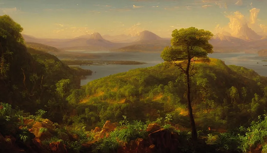 Prompt: a landscape painting depicting a remote rimworld with two above, oil on canvas, hudson river school, Thomas Cole, Fredric Edwin Church